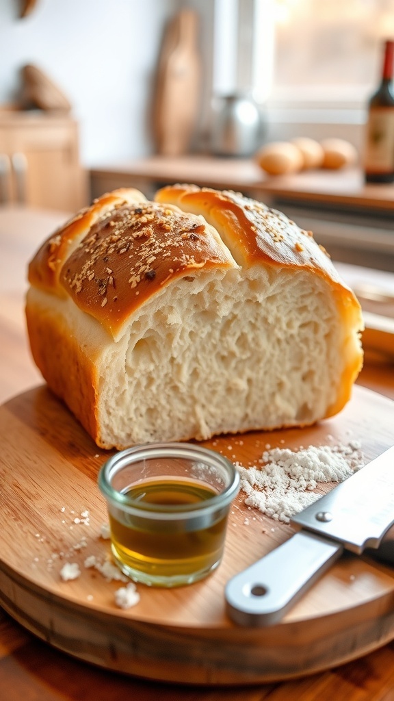 A golden crusted loaf of bread sliced open, showing its fluffy interior on a wooden board.